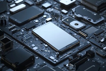 Fototapeta premium Smartphone components arranged on circuit board.