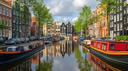 Fototapeta premium A scenic canal surrounded by pastel-hued houses and colorful boats, with reflections shimmering in the calm water