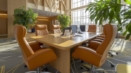 Fototapeta premium Modern Office Conference Room with Leather Chairs Large Table and Plants