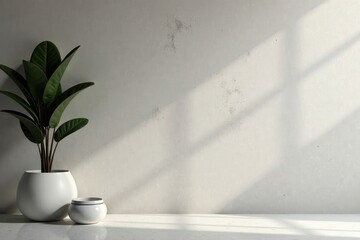 Serene Minimalist Interior Scene with Greenery and White Vessels against a Textured Wall