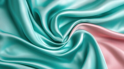 Wavy satin silk in blue-green with gradient pink and shiny texture, providing a stunning background with space for creative designs