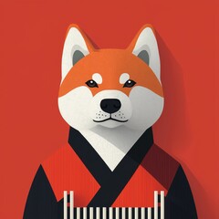 Cartoon Style Shiba Inu Dog in Traditional Japanese Attire Portrait