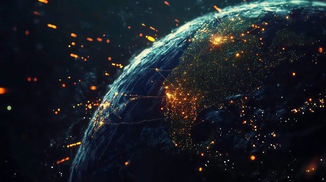Depicting Earth as a network of interconnected points, symbolizing global communication and digitalization.