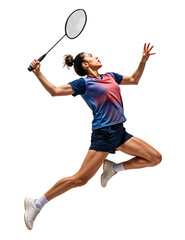 Pro female badminton player doing jumping smash on isolated background