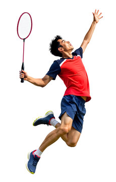 Pro male badminton player doing flying jump smash mid-air on isolated background