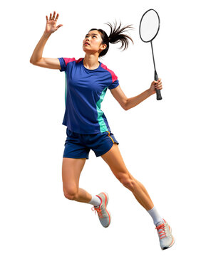 Asian woman badminton player doing jumping smash strike mid-air on isolated background