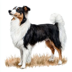 Elegant Dog Standing Proudly on Grass with Fluffy Tail