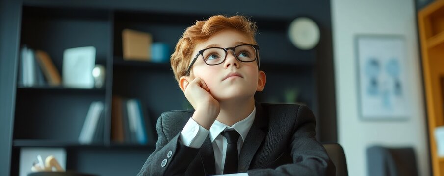 Thoughtful boy in business attire sitting at his desk office portrait modern reflective