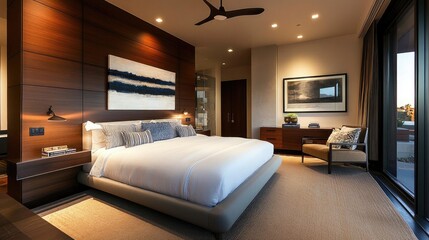 A spacious bedroom with a sleek, contemporary bed and an accent wall showcasing modern art.