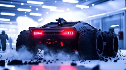 Naklejka premium Futuristic Black Sports Car Driving Away Leaving Smoke and Debris Trail in Sci Fi Setting