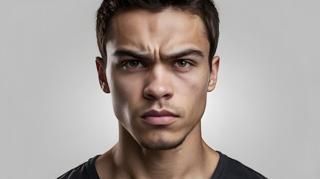 A young man with clenched fists and a determined gaze, his jaw set tightly, showing unwavering focus and resolve, standing on a white studio background