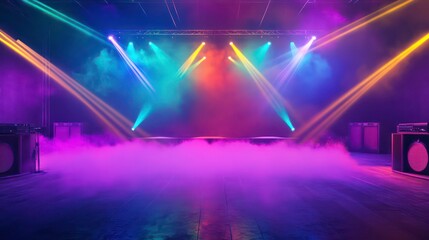 Empty stage with colorful lighting and fog.
