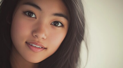 Young Woman With Long Dark Hair Smiling Softly