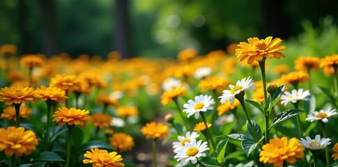 Fototapeta premium Yellow and white zinnias filling a empty grave site at the end of summer, death, flowers, decay