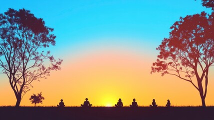 Serene Sunset Silhouette People Meditating in Nature s Embrace