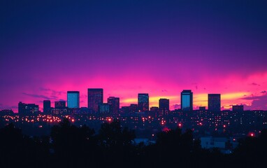 Fototapeta premium Vibrant city skyline at sunset with purple and pink hues.