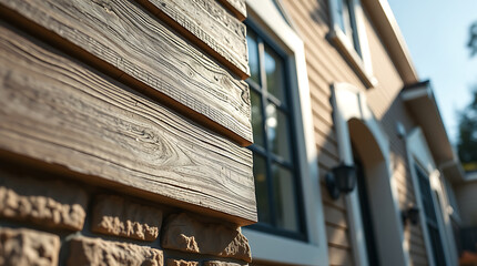 Exterior House Detail: Wood Siding and Stone Foundation