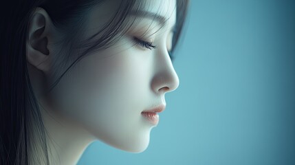 Fototapeta premium Serene Profile of a Young Woman with Dark Hair