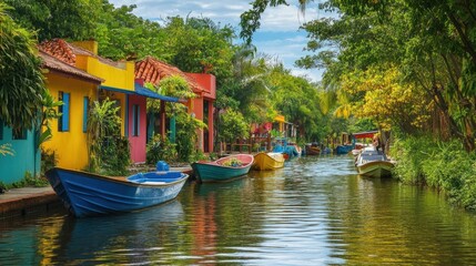 Obraz premium A scenic view of a canal with vivid boats moored along brightly painted houses, surrounded by lush greenery