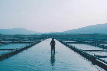 Solitary figure stands amidst calm water, aquaculture structures.