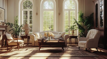 Fototapeta premium A spacious living room with large windows allowing natural light to flood the room, featuring elegant furniture and dcor.