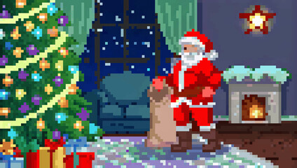 Naklejka premium Pixel art Santa Claus by a decorated Christmas tree indoors, festive holiday setting. Perfect for holiday-themed promotions, seasonal marketing, or Christmas celebrations.