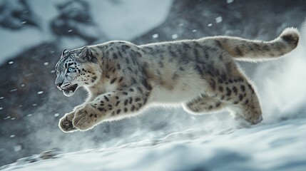 Obraz premium Majestic leap of snow leopard in winter.