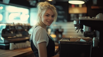 The young woman serving customers in the cafe.