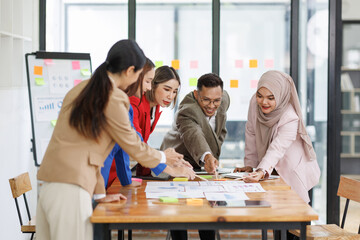 Business asian people, happy and celebration for success in office with company investment and stock market bonus. Teamwork, employees and support or trading achievement excited in boardroom.