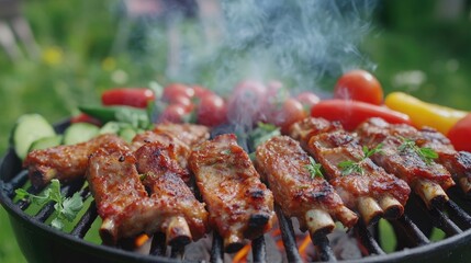 A steaming barbecue grill loaded with juicy pork ribs, surrounded by fresh vegetables and herbs, showcasing the grilling process in a warm, inviting atmosphere