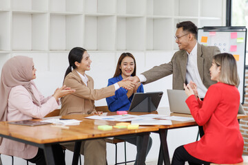 Business asian people, happy and celebration for success in office with company investment and stock market bonus. Teamwork, employees and support or trading achievement excited in boardroom.