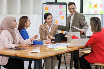 Business asian people, happy and celebration for success in office with company investment and stock market bonus. Teamwork, employees and support or trading achievement excited in boardroom.