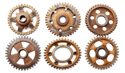 Six distinct rusty cogwheels isolated on a white background, displaying weathered surfaces, varying shapes, and aged mechanical details, symbolizing industrial heritage and engineering design.