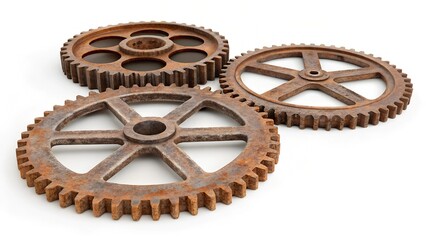 Three large rusty gears isolated on a white background, arranged in a triangular composition, highlighting aged metal textures, intricate gear teeth, and an industrial aesthetic.