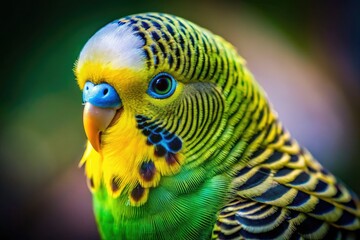 Fototapeta premium Vibrant budgie portrait: macro detail reveals textured feathers, showcasing avian beauty.