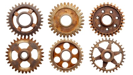 A collection of six rusty cogwheels with unique designs and corrosion details, isolated on a white background, symbolizing industrial heritage and mechanical precision.