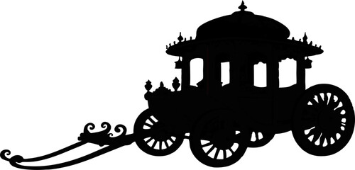 The stark silhouette of the horse-drawn carriage against a plain background creates a dramatic and timeless image