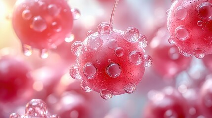 Close-up of spherical, pink objects with droplets, resembling microbes or cells.