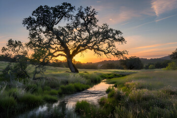 Obraz premium A Serene Meadow at Dawn with a Majestic Tree and Reflective Stream - An Eternal Hymn of Nature's Resilience and Beauty