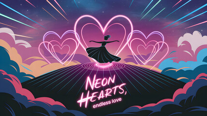 Love-themed neon hearts with glowing pink typography