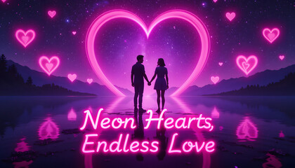 Obraz premium Glowing neon hearts with 