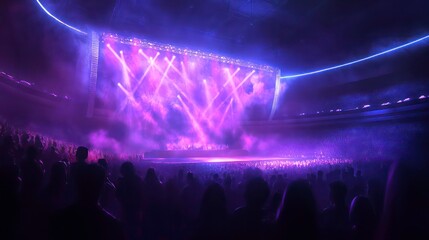 Crowd at concert in large arena with vibrant stage lighting.