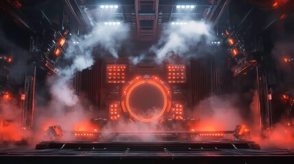 Fototapeta premium Futuristic red and orange portal scene with smoke and lights.