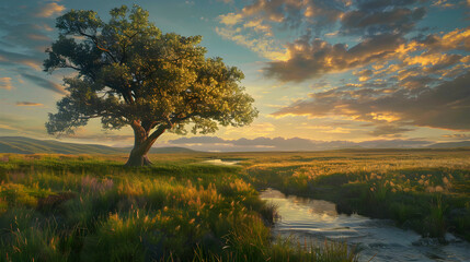 A Serene Meadow at Dawn with a Majestic Tree and Reflective Stream - An Eternal Hymn of Nature's Resilience and Beauty