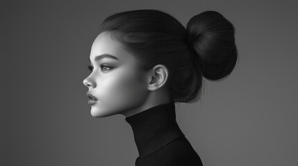 Fototapeta premium Elegant profile of young asian woman with sophisticated hairstyle in black and white. March 8, International Women's Day. Mother's Day
