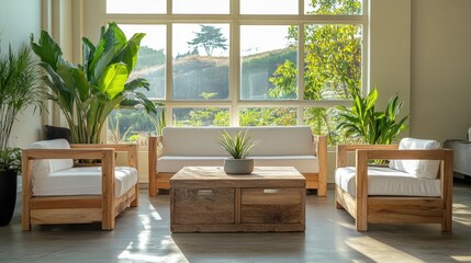 Fototapeta premium Serene Living Room with Eco-Friendly Furniture and Natural Light