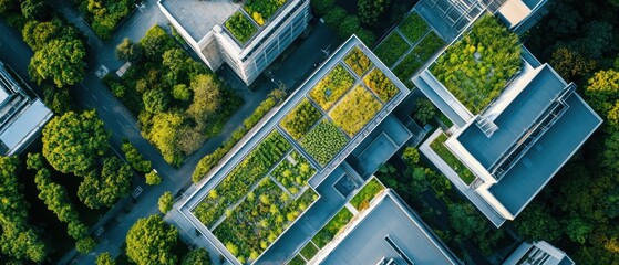 Aerial View of Lush Green Industrial Park with Rooftop Gardens