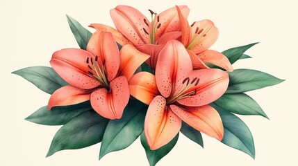 Vibrant orange lilies with lush green leaves. March 8, International Women's Day. Mother's Day