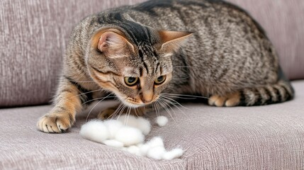 Curious tabby cat playing with fuzzy cotton on sofa