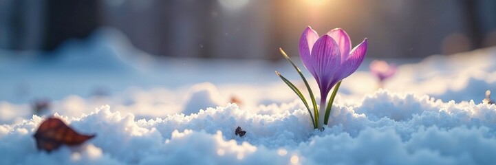 A lone crocus flower blooms in the frosty snow, its delicate petals swaying gently in the breeze, crocus, serene, breeze